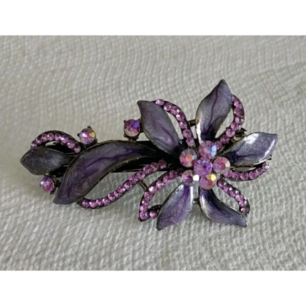 Purple Enamel & Rhinestone Flower Hair Clip 3.25